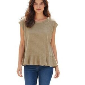 DG2 Diane Gilman Textured Knit Peplum‎ Top Cap Sleeve Taupe Green Womens Large